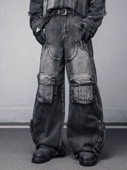 Washed Multi-Pocket Deconstruct Wide Leg Denim Jeans WN22431