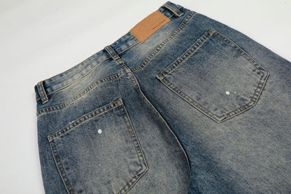 Washed Whisker Paint Splatter Straight Denim Jeans WN26147