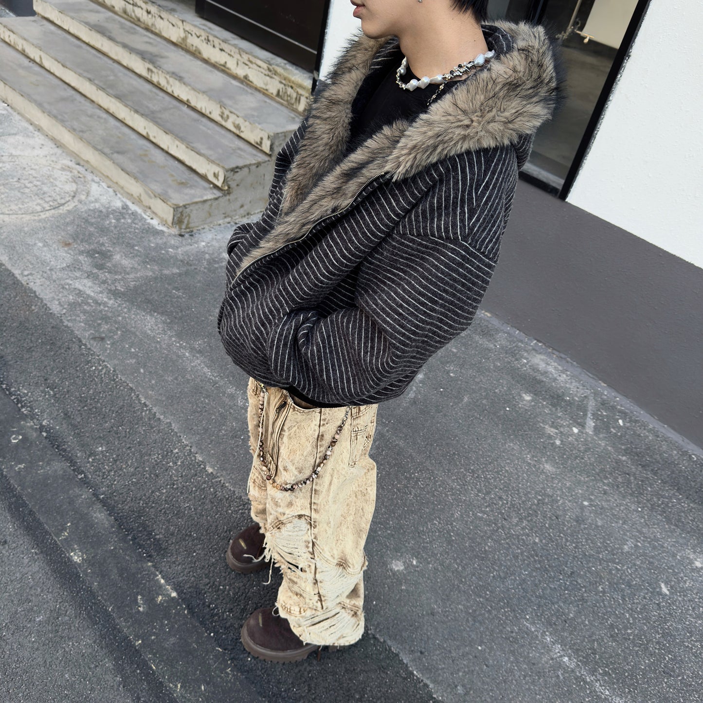 Fur Collar Striped Fleece Lining Short Zipper Hoodie WN23000