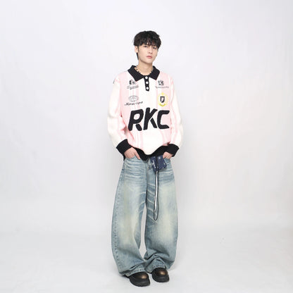 Badge Embroidery Polo Collar Knit Sweater WN21045
