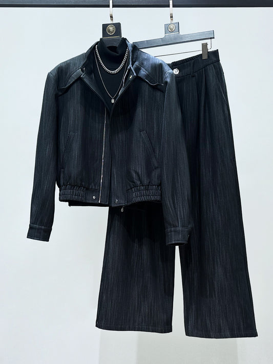 Deconstructed Textured Standing-Collar Short Jacket & Wide Leg Trousers Setup WN23871