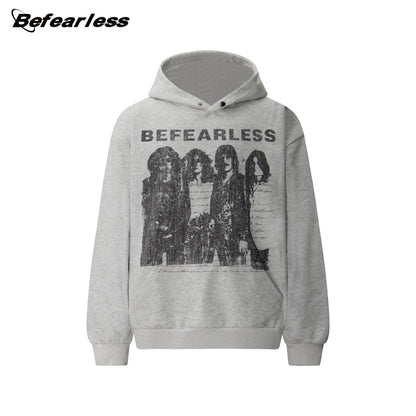 Washed Rock Band Print Boxy Pullover Hoodie WN26386