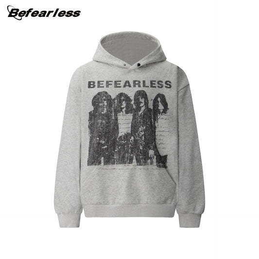 Washed Rock Band Print Boxy Pullover Hoodie WN26386