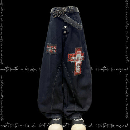 Graphic Patchwork Scimitar Wide Leg Denim Jeans & Belt & Chain & Scarf WN20132
