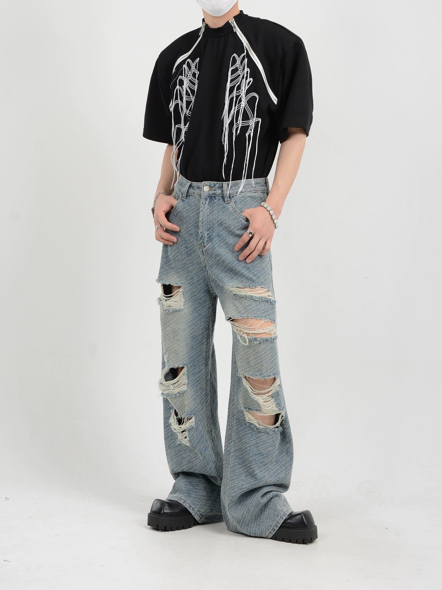 Washed Damage Wide-Leg Straight Denim Jeans WN7133