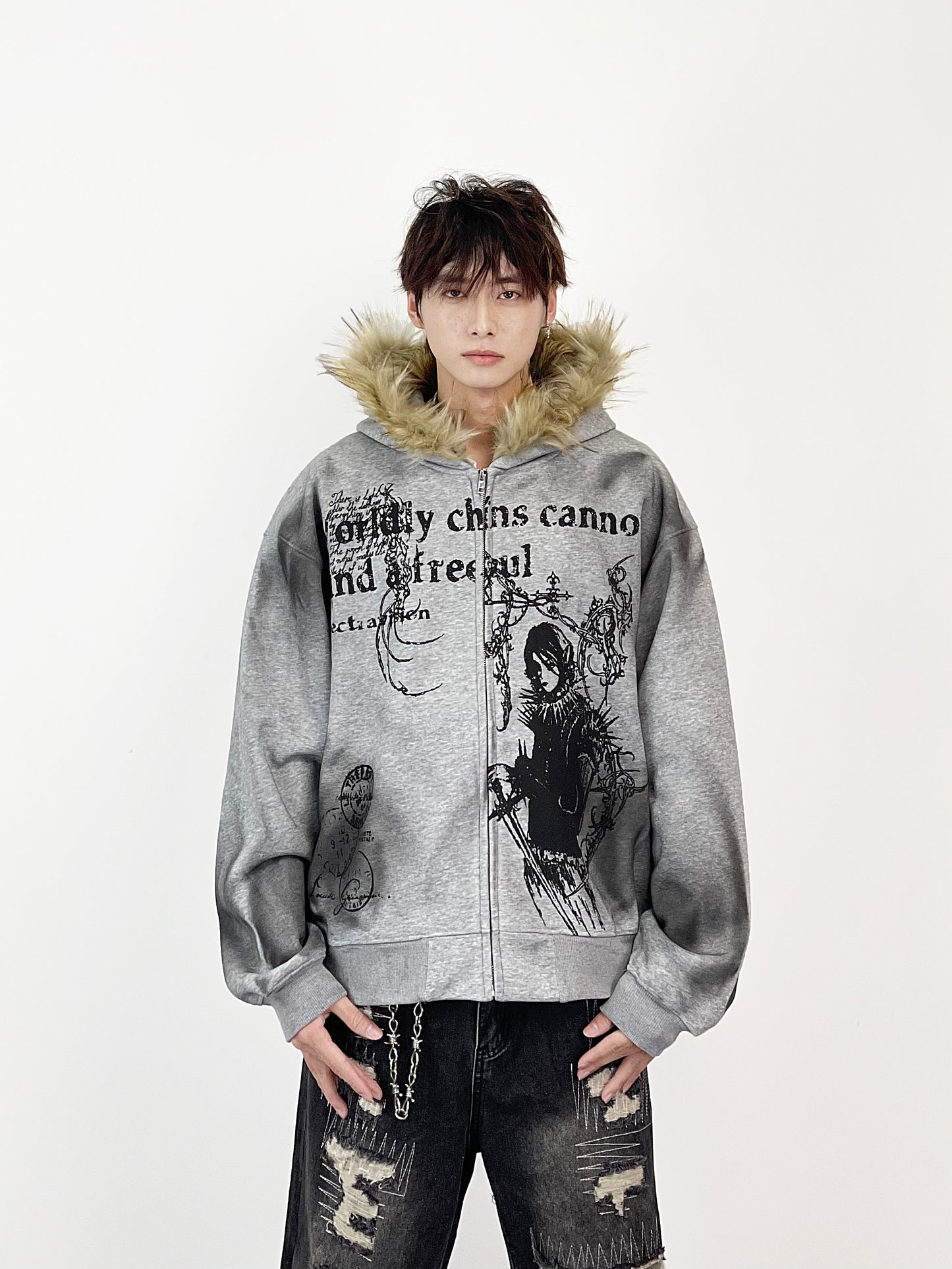 Fake Fur Collar Heavyweight Oversize Zipper Hoodie WN24276