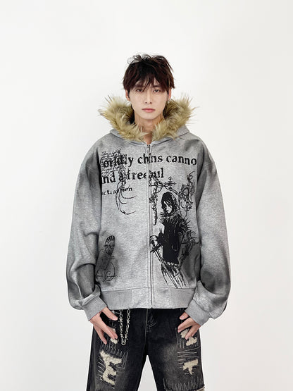Fake Fur Collar Heavyweight Oversize Zipper Hoodie WN24276