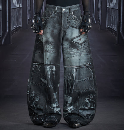 3D Print Chain Zipper Damage Curved Denim Jeans WN22840