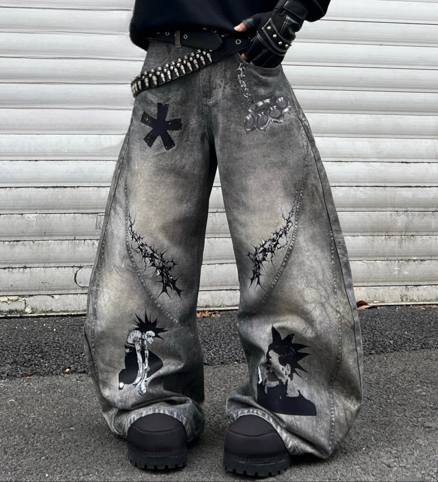 Graffiti Print Damage Wide Leg Denim Jeans WN24112