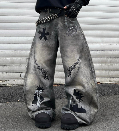 Graffiti Print Damage Wide Leg Denim Jeans WN24112