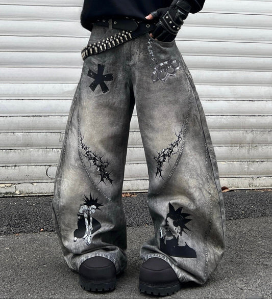 Graffiti Print Damage Wide Leg Denim Jeans WN24112