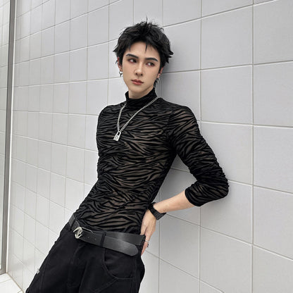 Zebra Pattern High-Neck Long Sleeve T-Shirt WN25064
