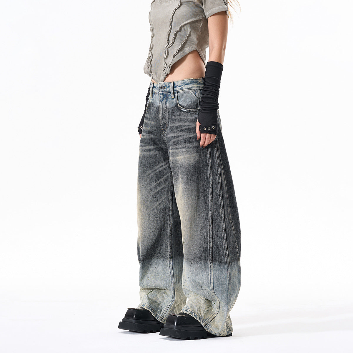 Paint Print Wide Leg Denim Jeans WN23101