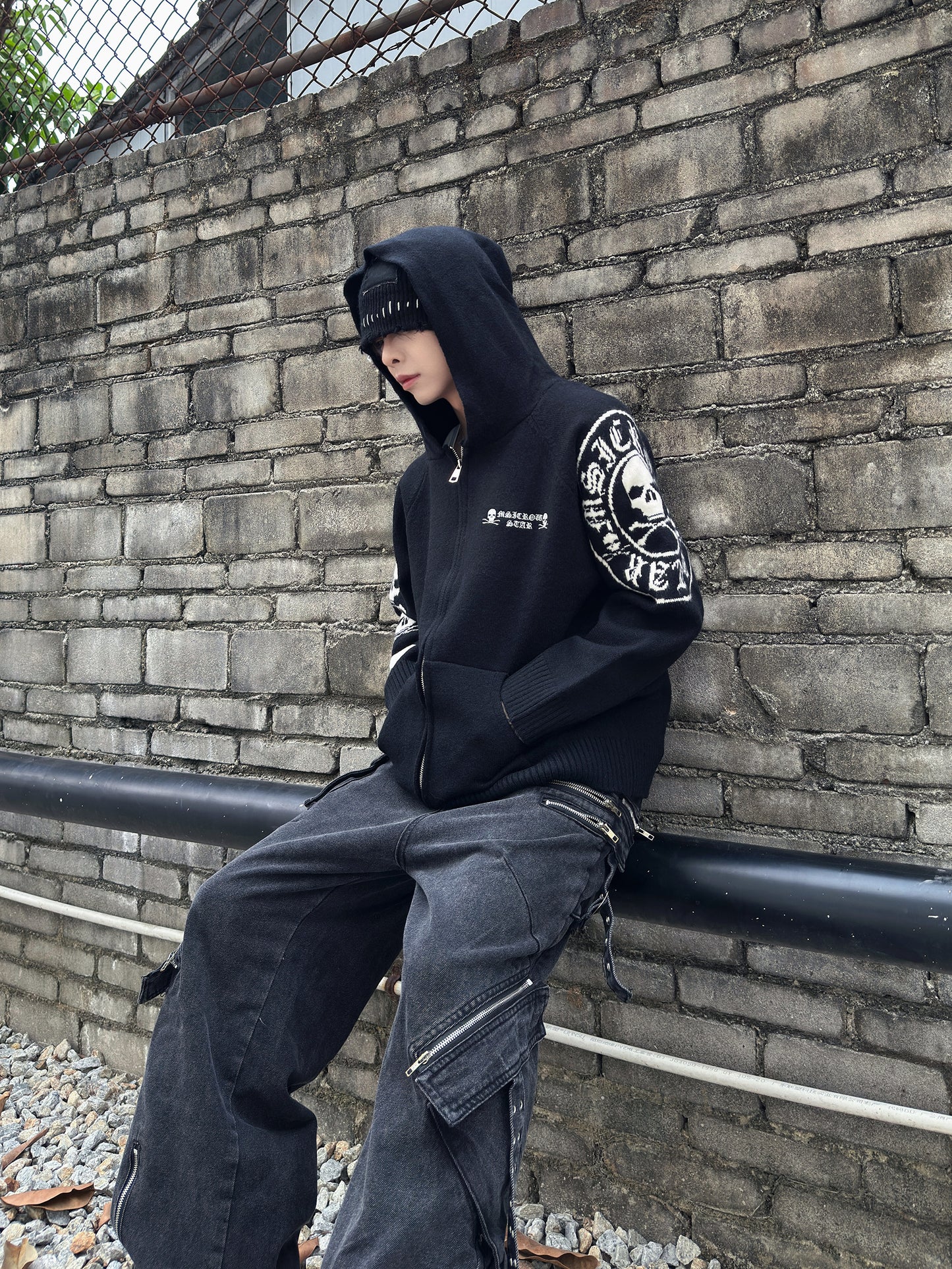 Skull Print Zipper Knit Hoodie WN22979