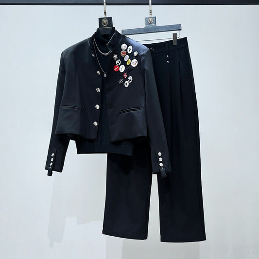 Badge Standing-Collar Short Jacket & Straight Trousers Setup WN23860