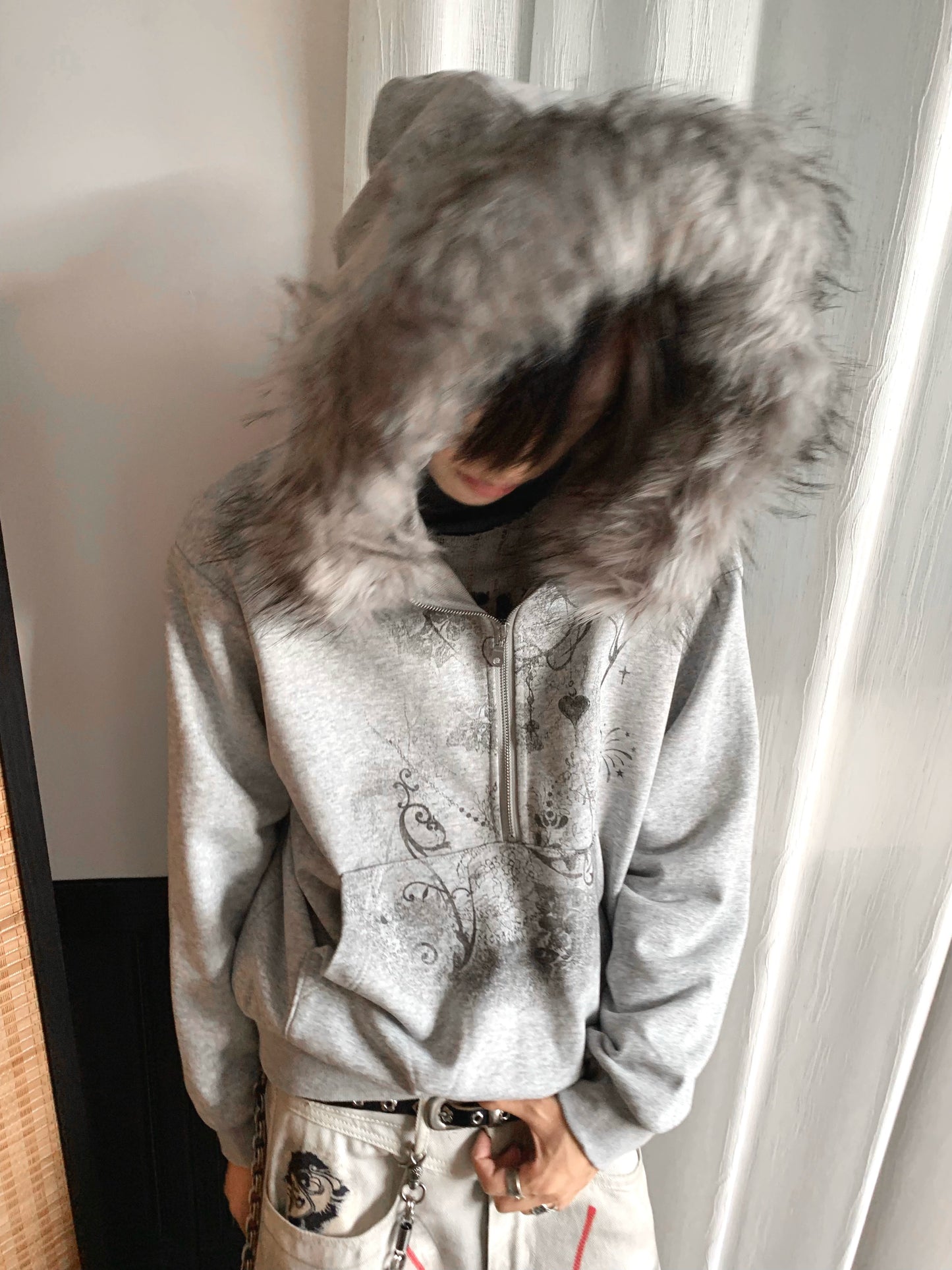 Half-Zip Fake Fur-Collar Art Print Hoodie WN22207