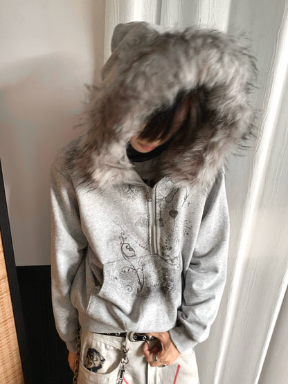 Half-Zip Fake Fur-Collar Art Print Hoodie WN22207