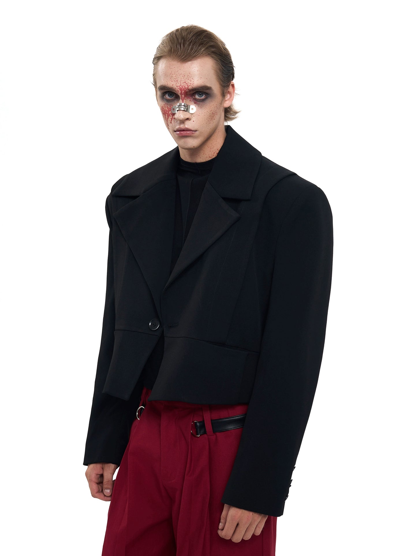 Mix PU Leather Embroidery Shoulder-Pad Tailored Jacket WN20384