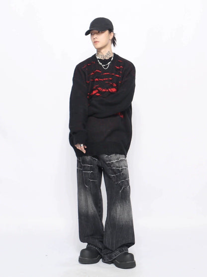 Damage Hollow-Out Oversize Knit Sweater WN10894