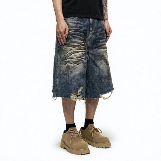 Pleats Washed Damage Wide Leg Denim Short Jeans WN24343