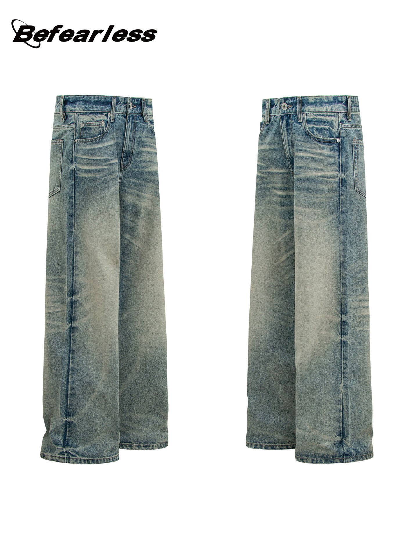 Washed Whisker Straight Wide Leg Denim Jeans WN26356