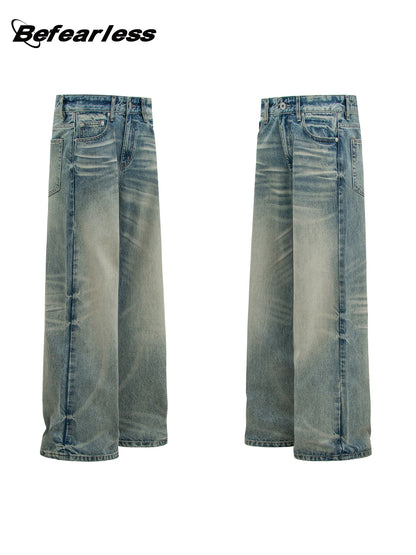 Washed Whisker Straight Wide Leg Denim Jeans WN26356