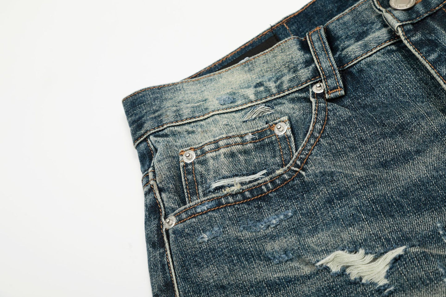 Damage Whisker Wash Straight Denim Jeans WN25951