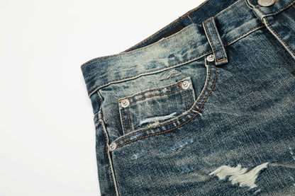 Damage Whisker Wash Straight Denim Jeans WN25951