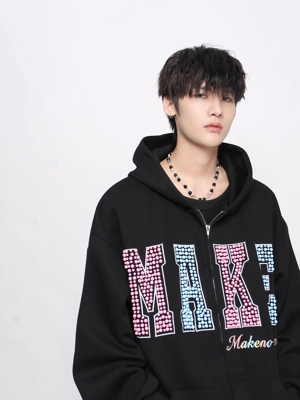 Letter Pearl Embroidery Zipper Hoodie WN24453