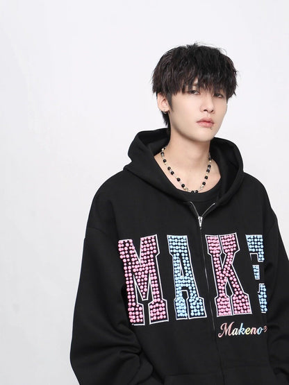 Letter Pearl Embroidery Zipper Hoodie WN24453