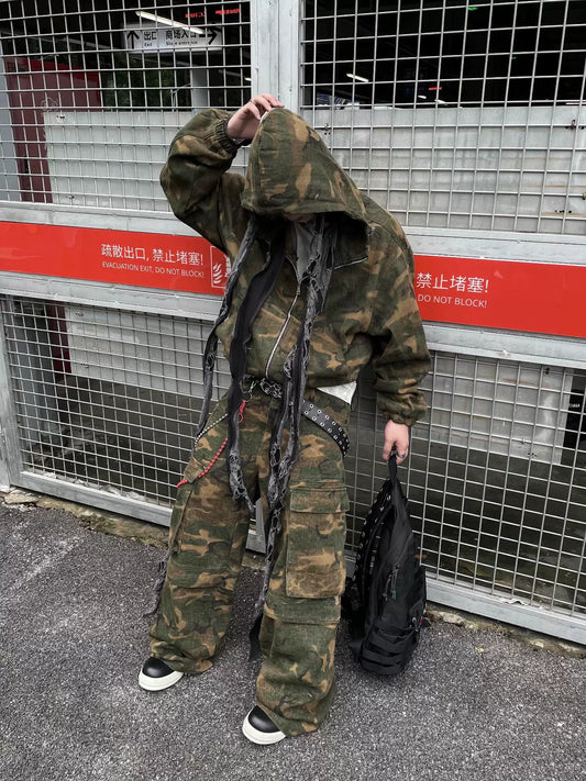 Camouflage Zipper Hooded Jacket & Camouflage Baggy Cargo Pants Setup WN8696