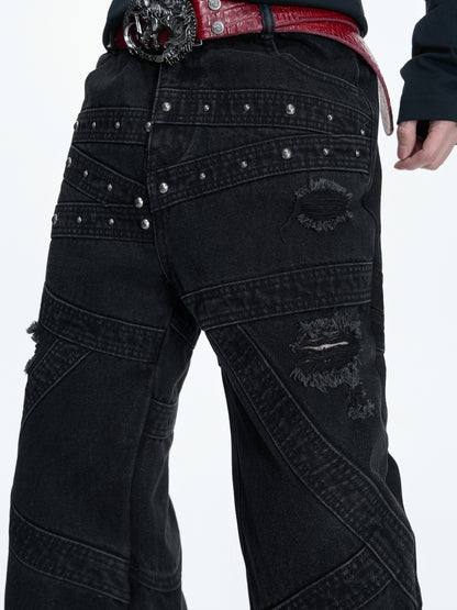 Wash Rivet Damage Patchwork Flare Denim Jeans WN23551