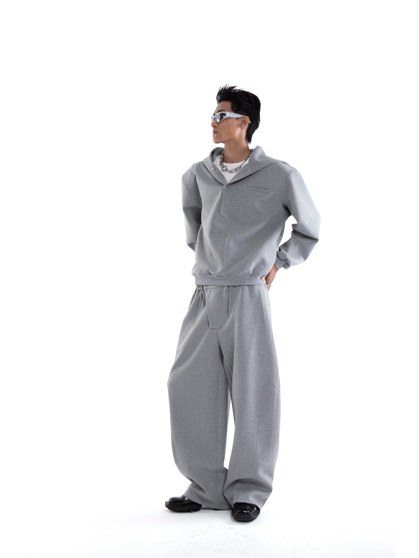 Multi-Button Zipper Hoodie & Wide Leg Sweatpants Setup WN20645
