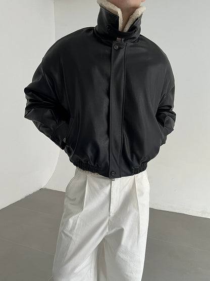 Detachable Fake Fur Collar Thick PU Leather Puffer Jacket WN21675