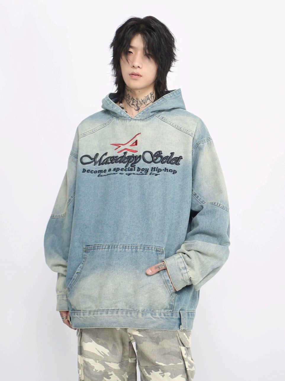 Washed Embroidery Heavyweight Denim Hoodie WN8350