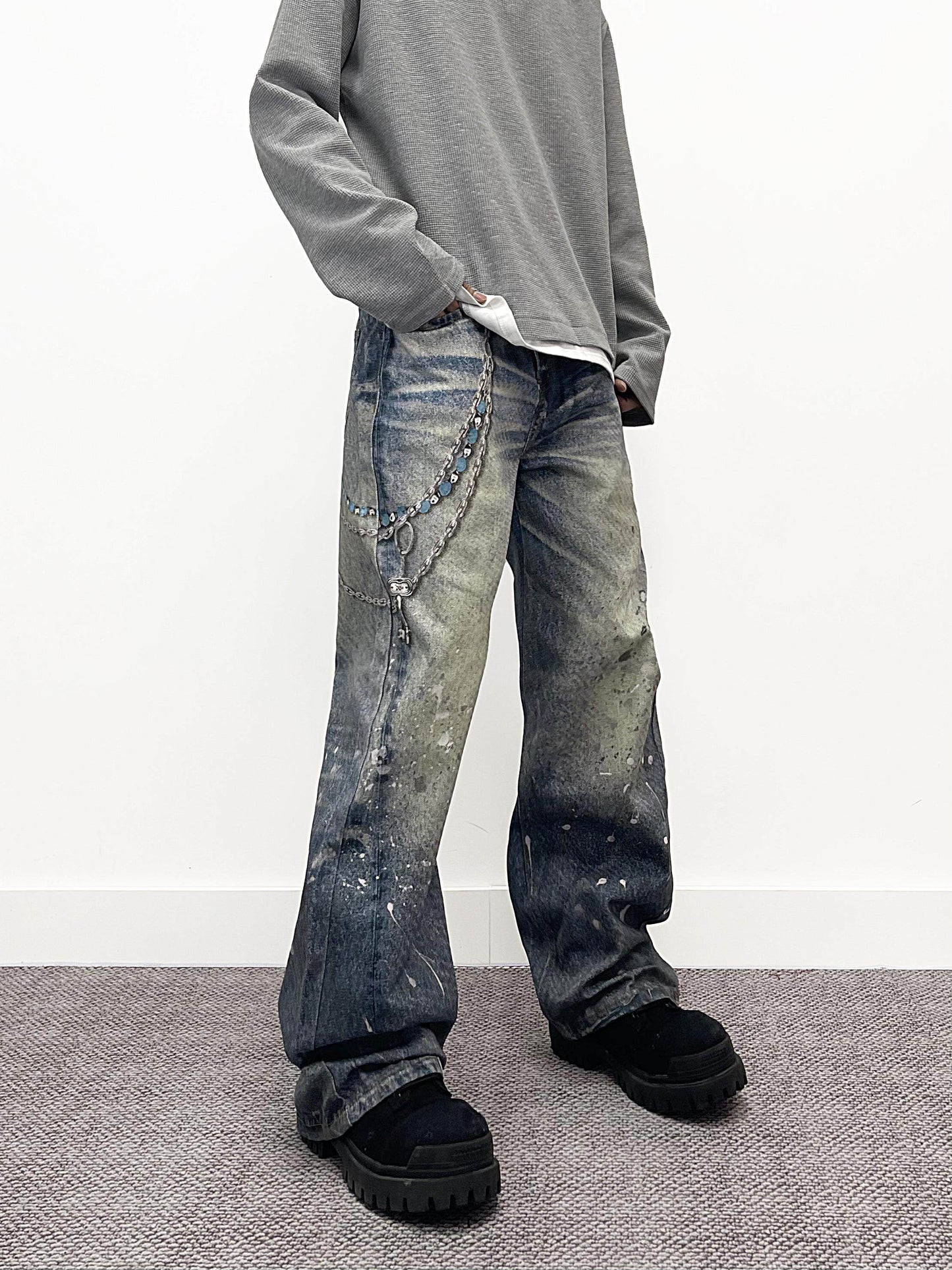 Chain Pendant Print Splatter Wash Wide Leg Denim Jeans WN24240