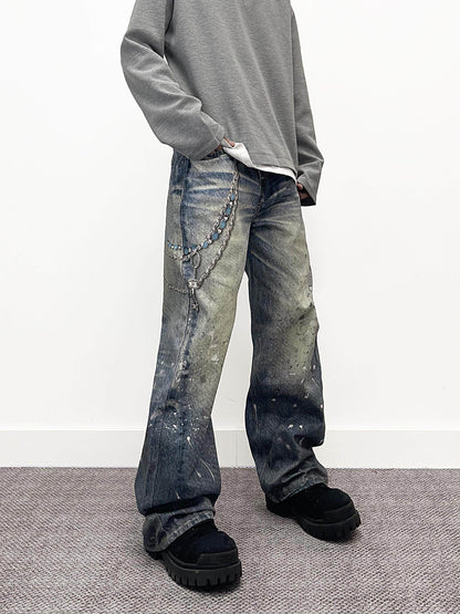Chain Pendant Print Splatter Wash Wide Leg Denim Jeans WN24240
