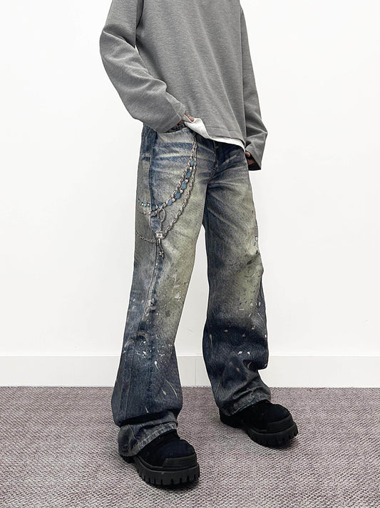 Chain Pendant Print Splatter Wash Wide Leg Denim Jeans WN24240