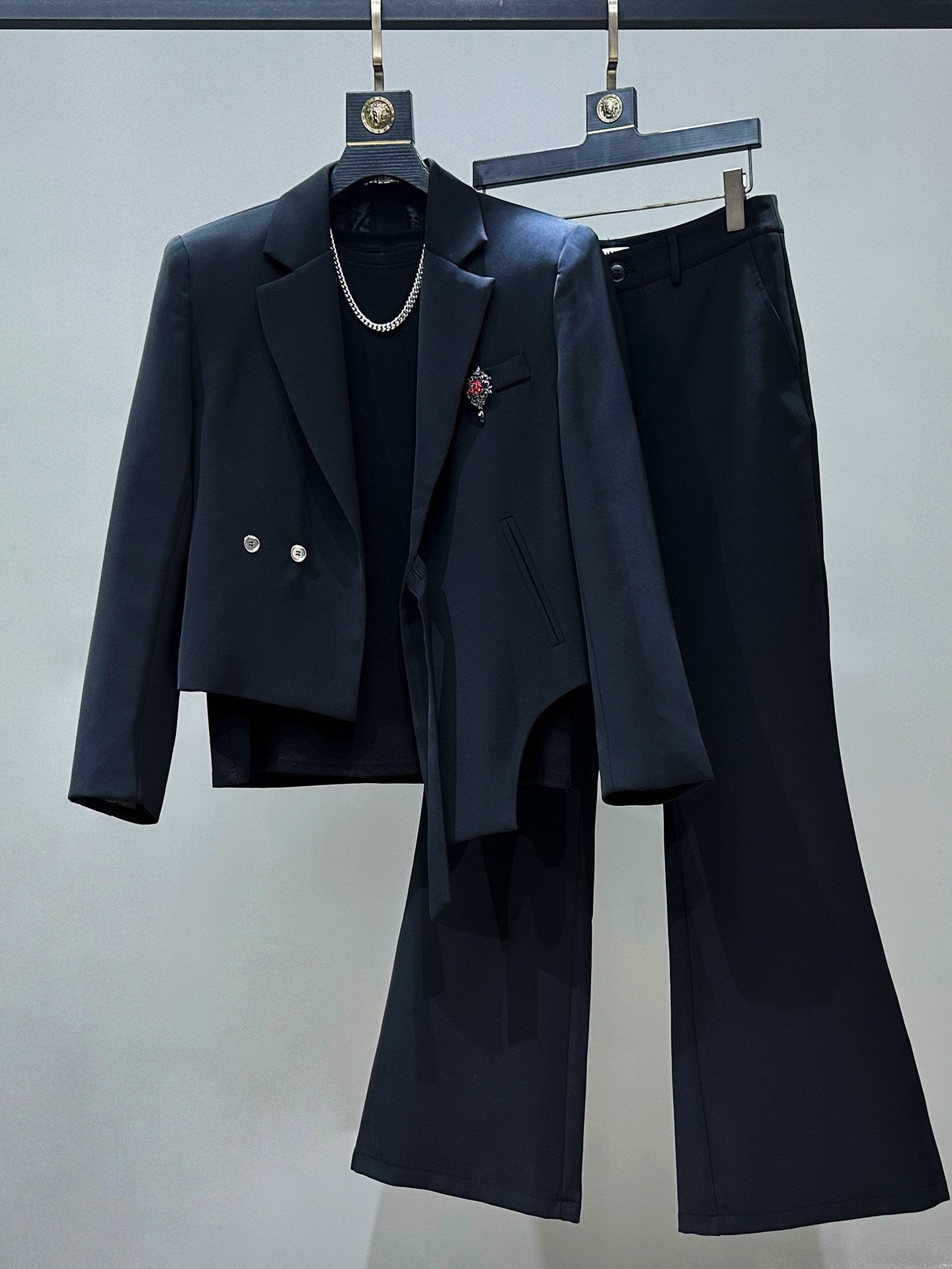 Asymmetric Short Shoulder-Pad Tailored Jacket & Flare Trousers Setup WN23848