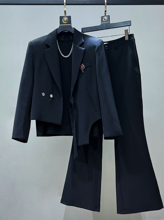 Asymmetric Short Shoulder-Pad Tailored Jacket & Flare Trousers Setup WN23848