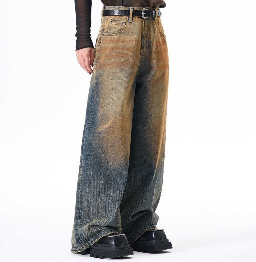 Mud Dye Washed Whisker Wide Leg Denim Jeans WN27904