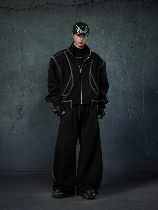 Line Design Stand Neck Zipper Jacket & Wide-leg Sweatpants Setup WN13480