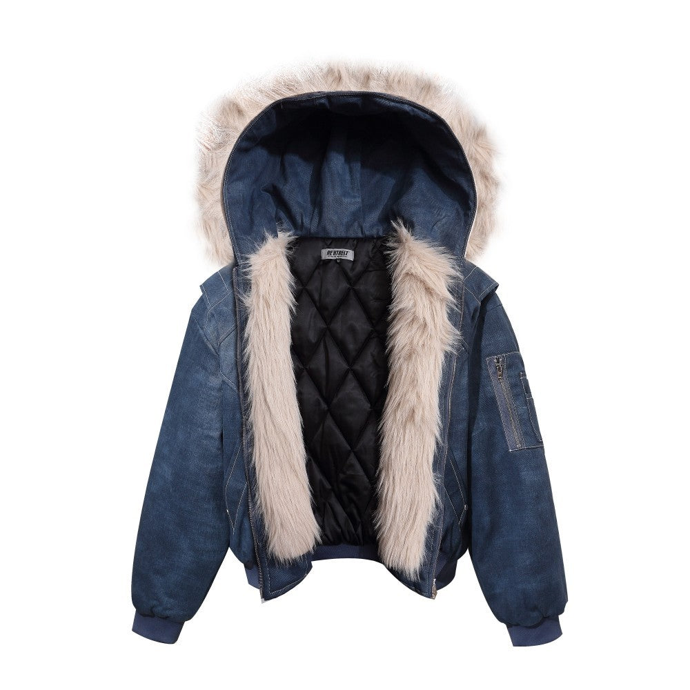Fake Fur Collar Hooded Denim Jacket WN28101