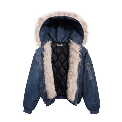 Fake Fur Collar Hooded Denim Jacket WN28101