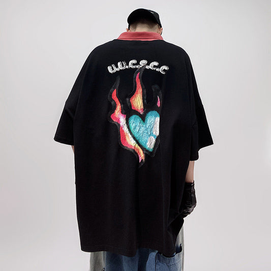 Flame Heart Print Oversize Short Sleeve T-Shirt WN24002