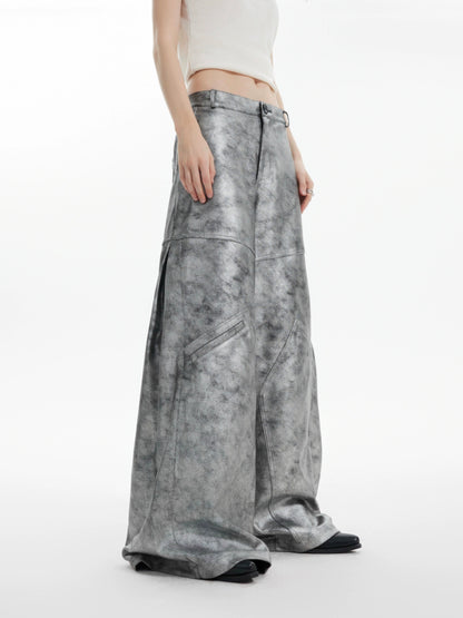 Wide Leg Silver PU Leather Pants WN8662