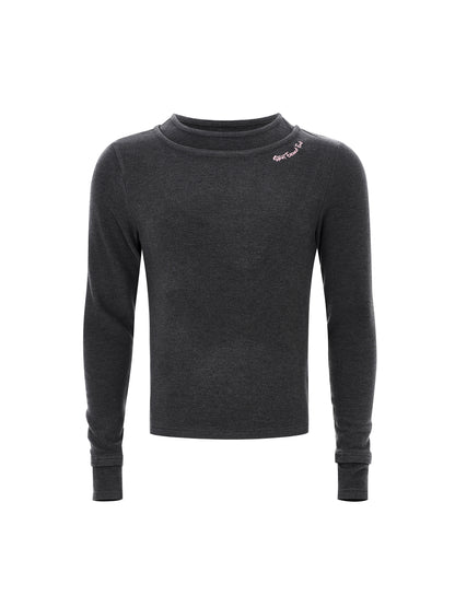 Double-Layered Neckline Embroidery Horse Logo Long Sleeve T-Shirt WN22654