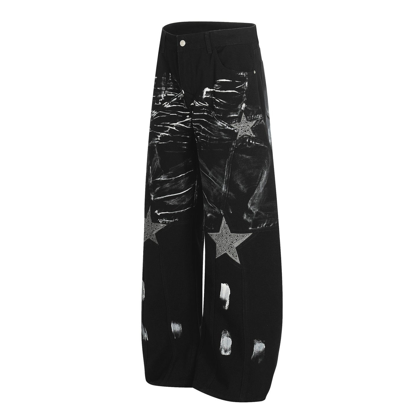 Curved Star Rhinestone Washed Wide Leg Denim Jeans WN25634