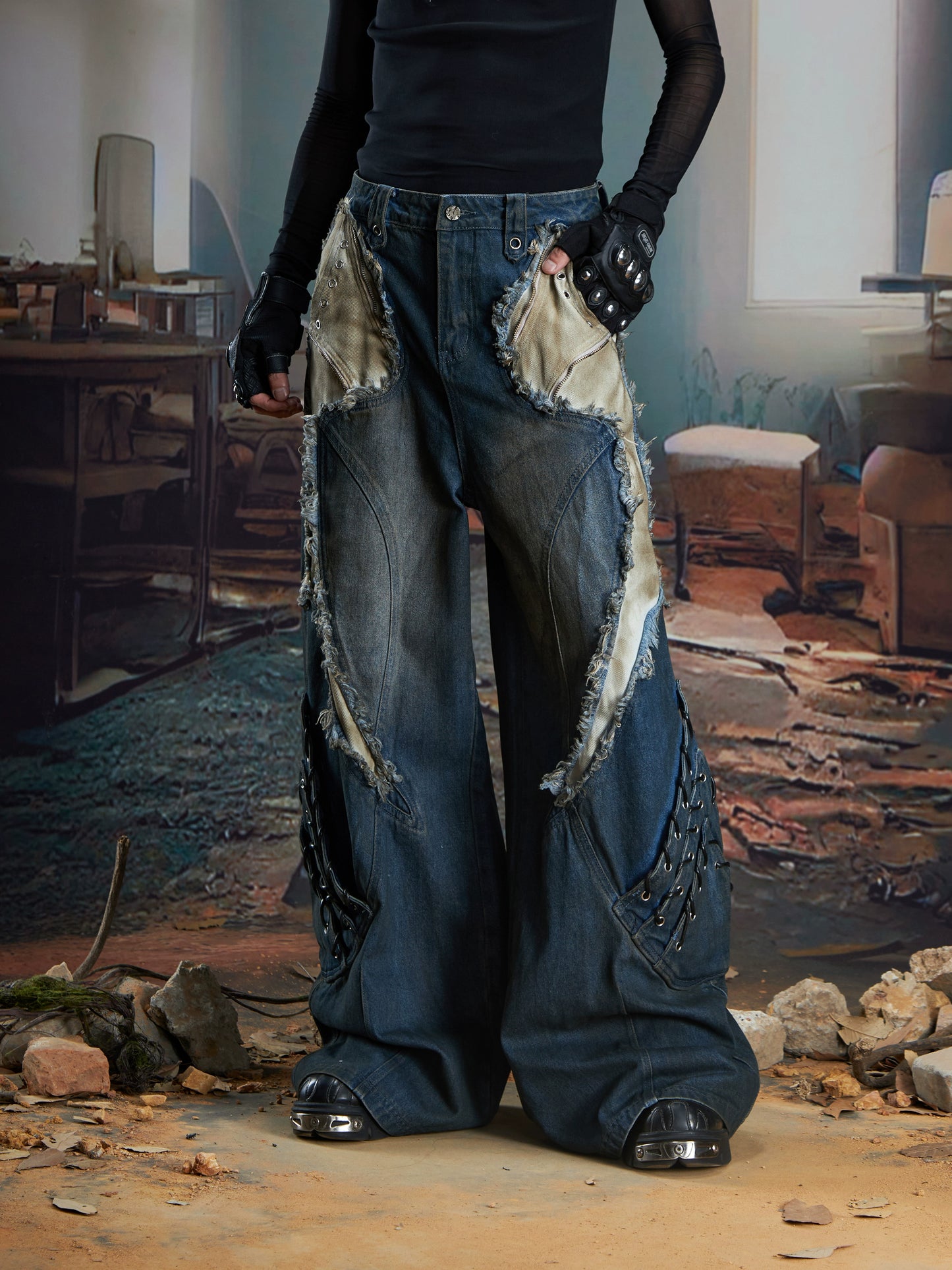 Patchwork Fringe Washed Damage Wide Leg Denim Jeans WN21354