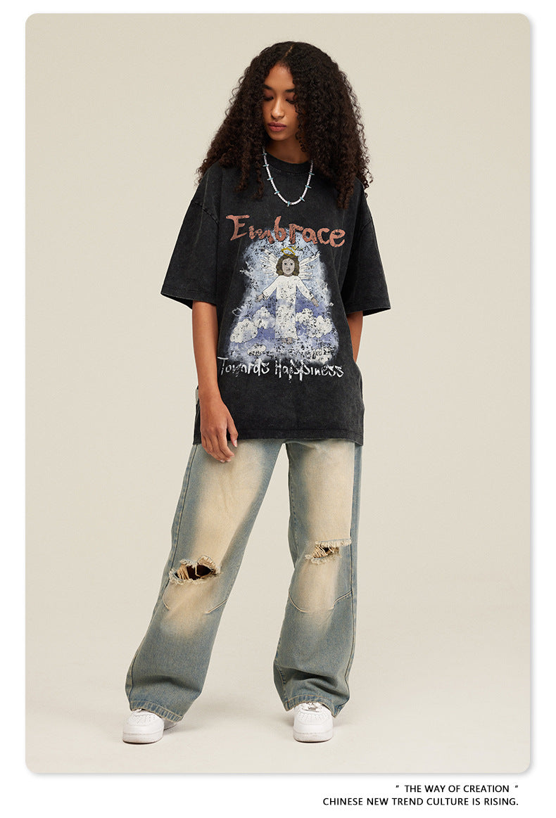 Oversize Angel Print Round Neck Short Sleeve T-Shirt WN7893